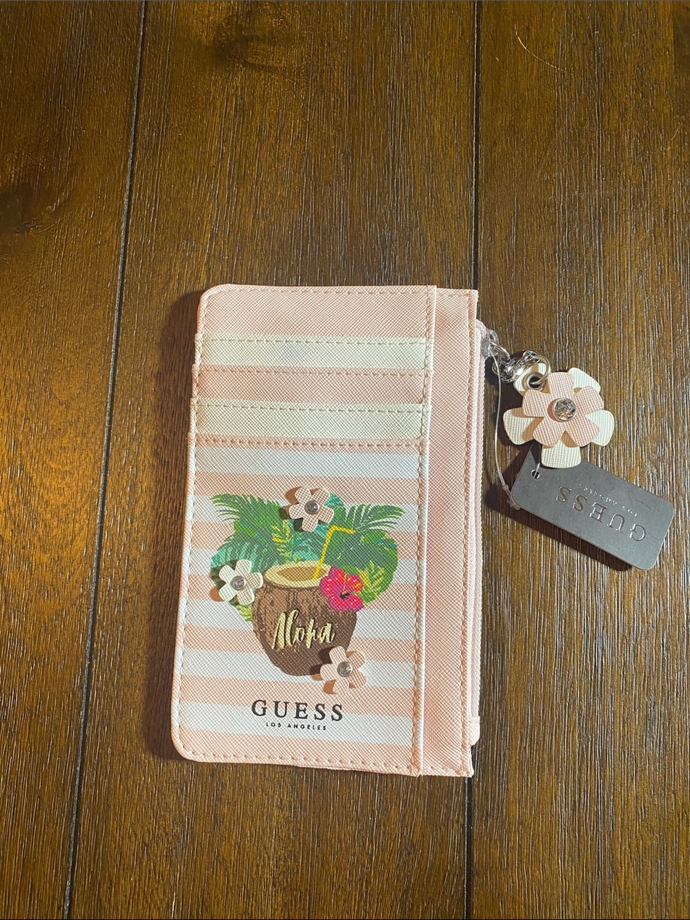 GUESS Pink and Cream Striped Card Holder with Floral Charm